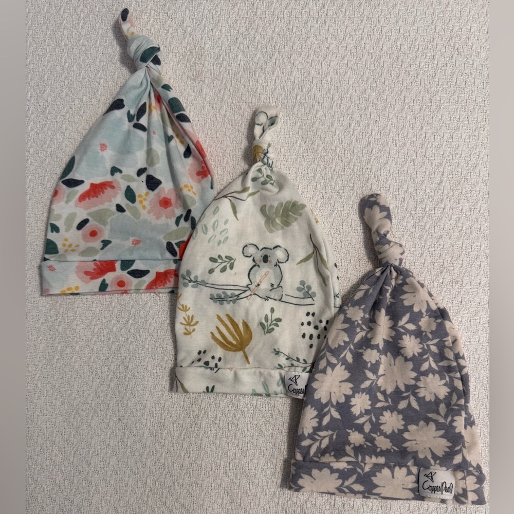 Copper Pearl Knotted Hat/Beanie Trio - Floral, Animal, and Gray